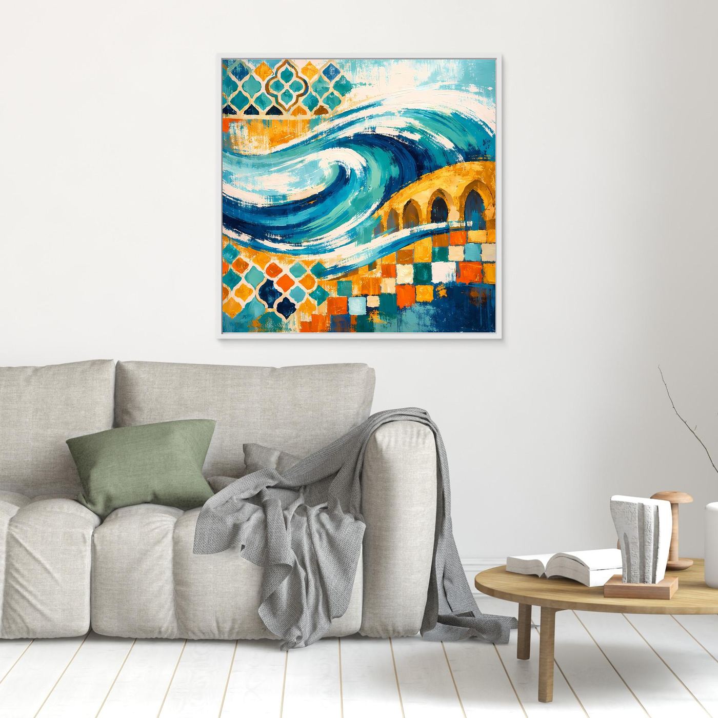 Kleines Leinwand-Wandbild mit Mosaikornamenten und türkis-blauen Wellen in Gelb und Orange