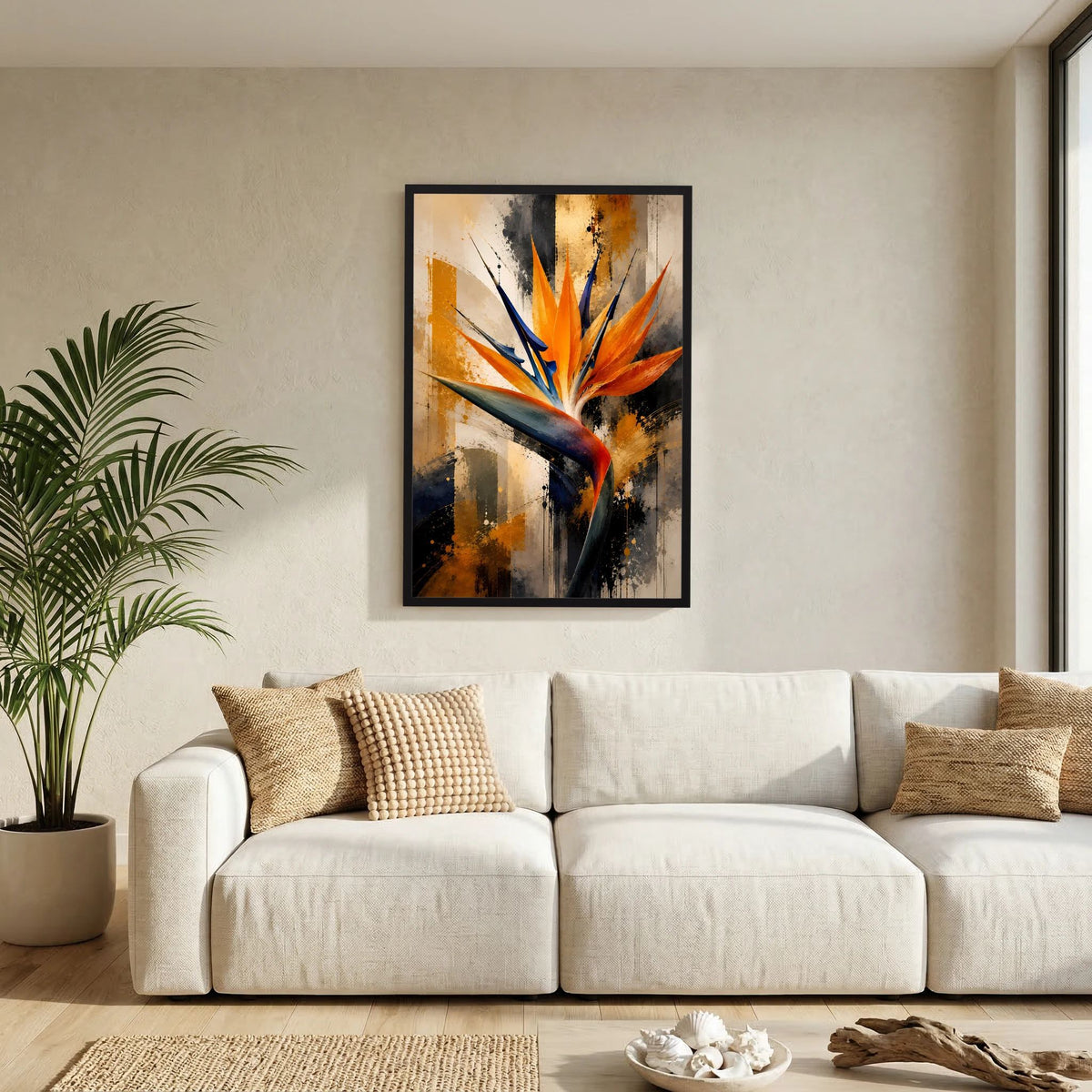 Abstraktes Poster im Hochformat mit schwarzem Rahmen und orange-blaue Strelitzie, goldene Akzente