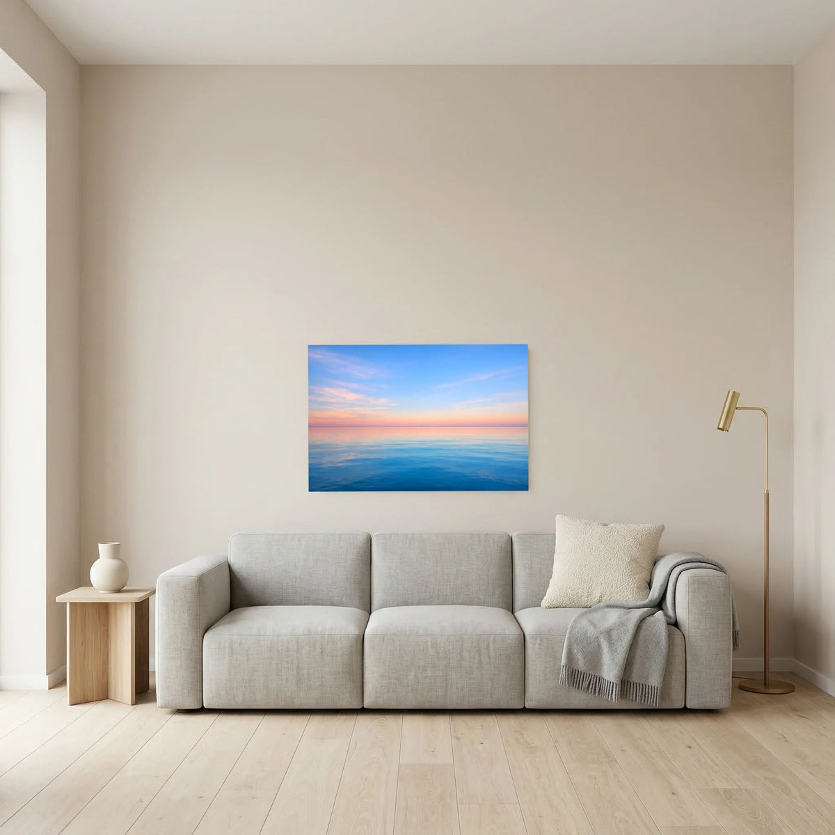 Querformat-Wandbild Meer bei Sonnenuntergang, horizontaler Horizont, blau eingefasst