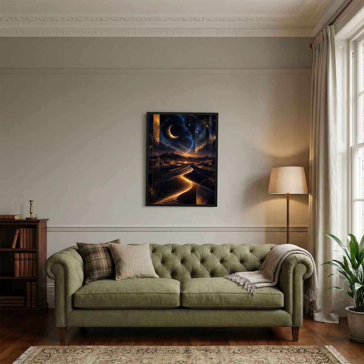Wandposter im Hochformat: Mondsichel, Wüstendünen und goldener Weg im Sternenhimmel