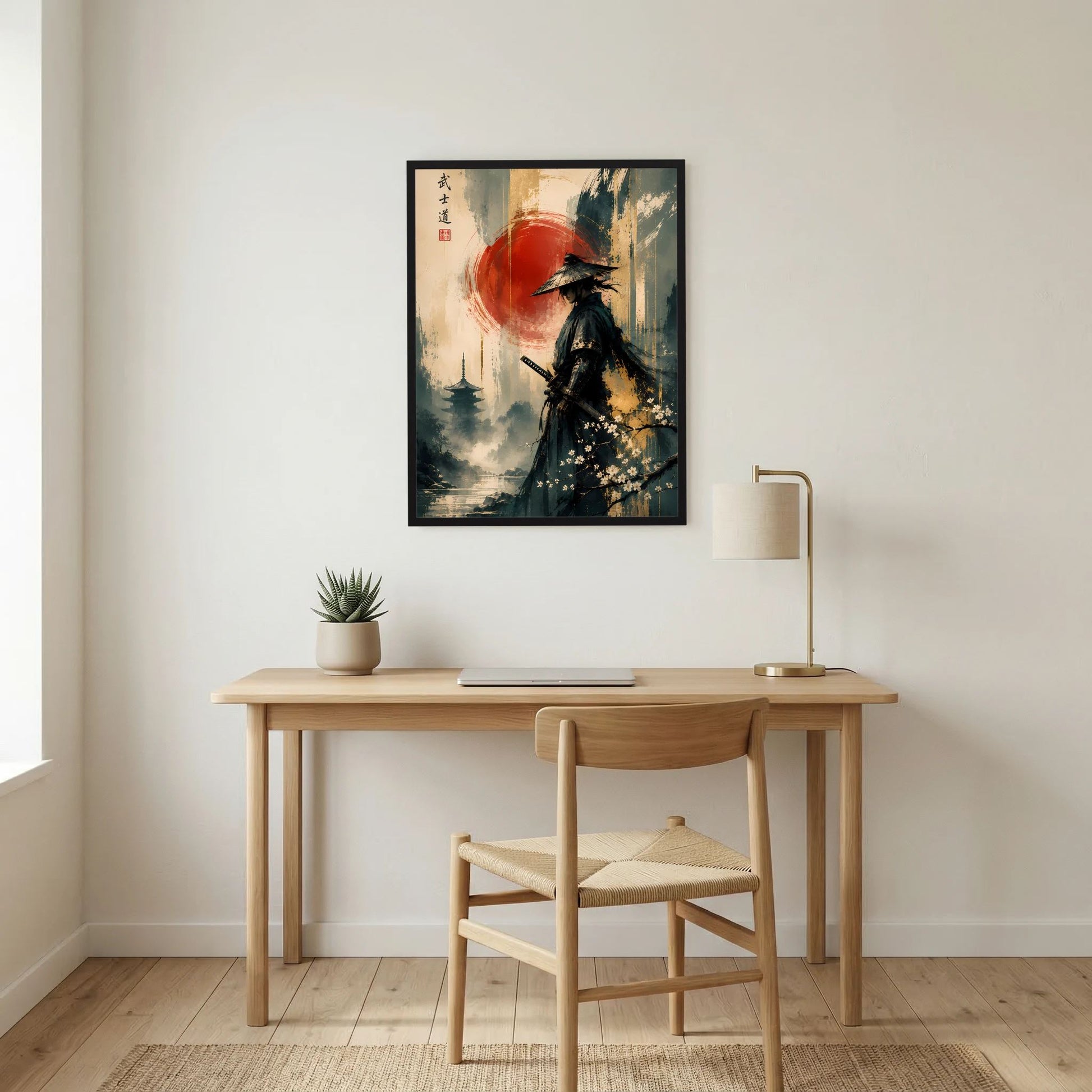 Gerahmtes Poster mit Samurai in dunkler Rüstung, roter Sonne und Dampf-Landschaft