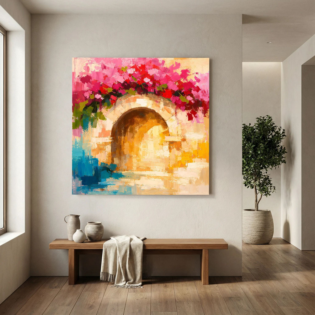 Wandbild mit abstraktem Torbogen und Bougainvillea, Farbverlauf in Pink, brauner Rahmen