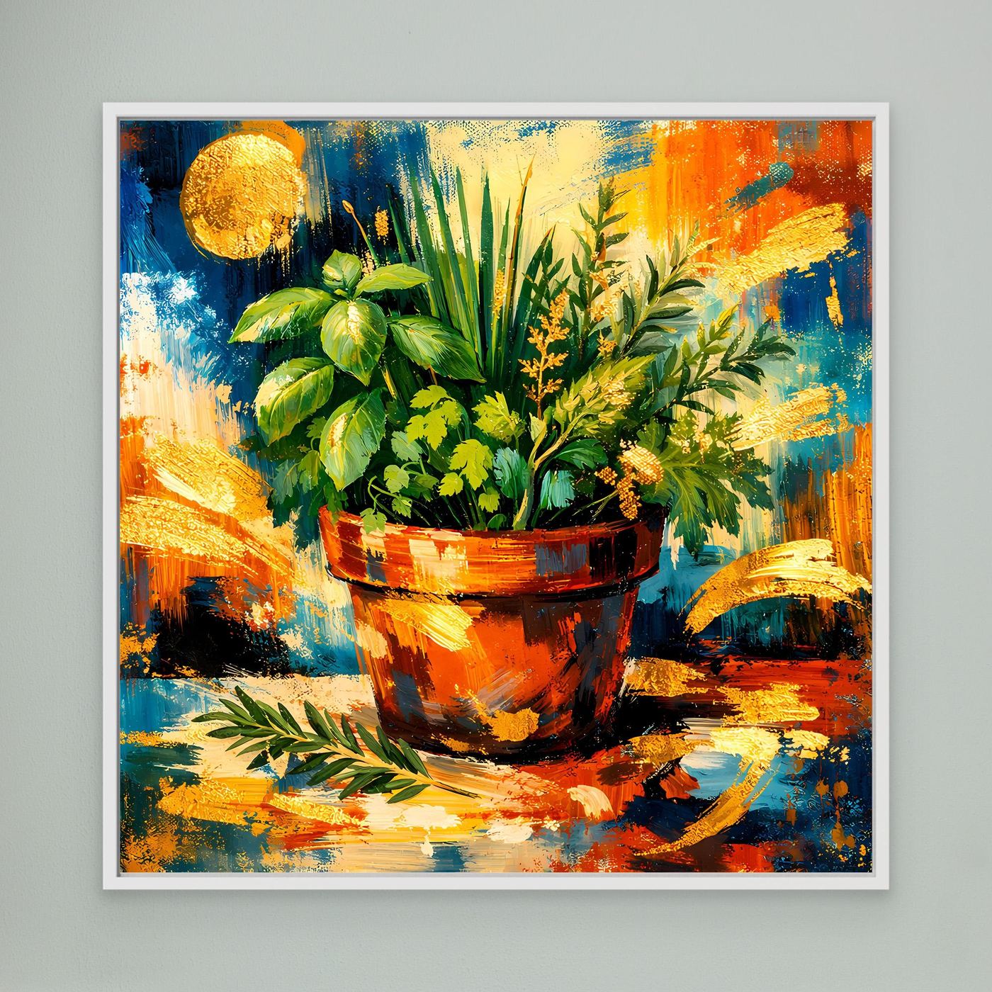 Leinwandbild mit Kräutertopf im Kunststil, bunte Pinselstriche, weißer Rahmen