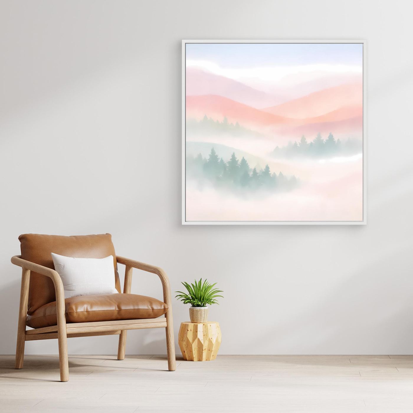 Leinwandbild im weißen Rahmen mit pastellfarbenem Bergmotiv, neblige Wälder
