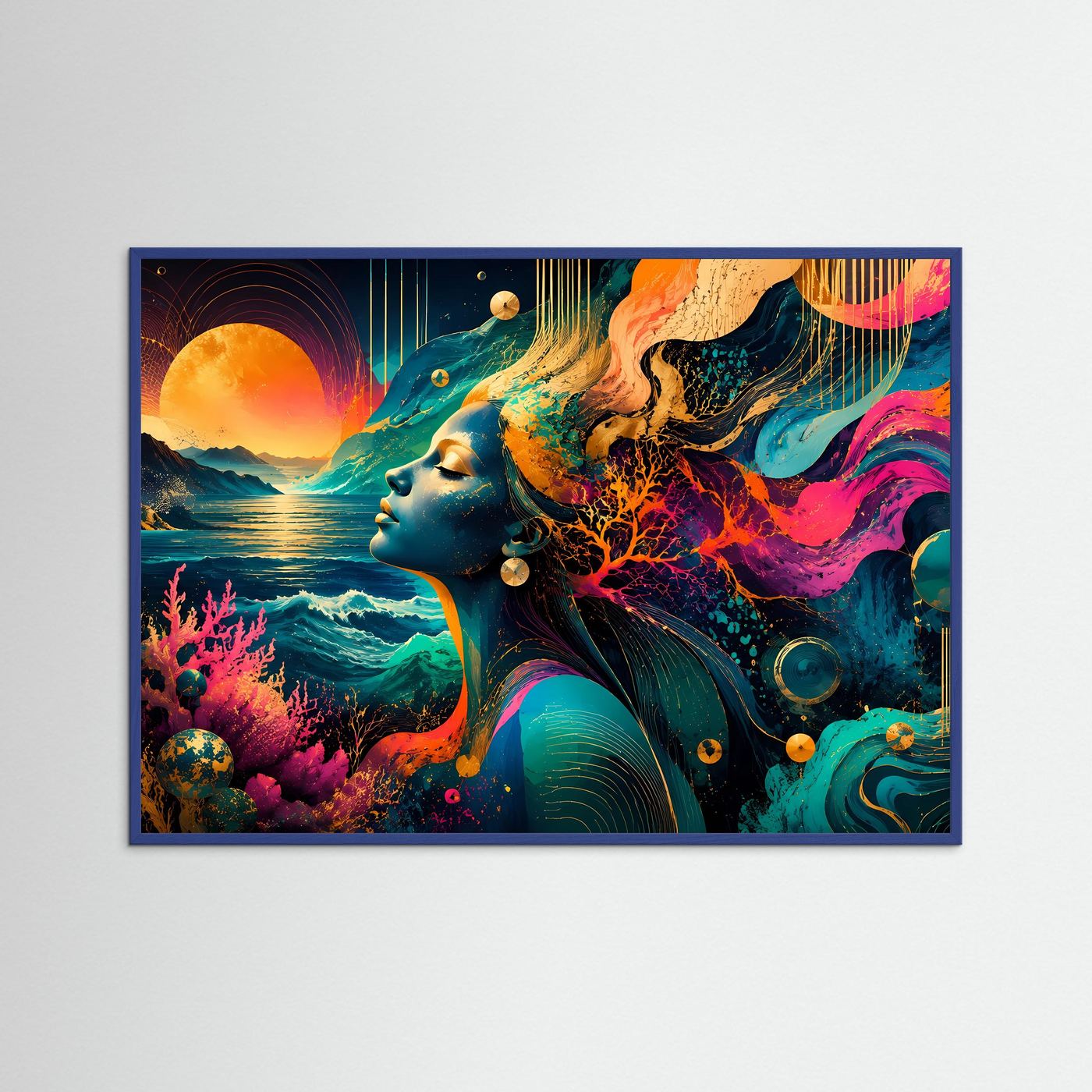 Abstrakte Meeresgöttin Wandbild | Moderne Ozean Frau Kunst | Farbenfrohe Coastal Wall Art | Türkis Pink Gold Poster | Luxuriöse Leinwand Dekoration
