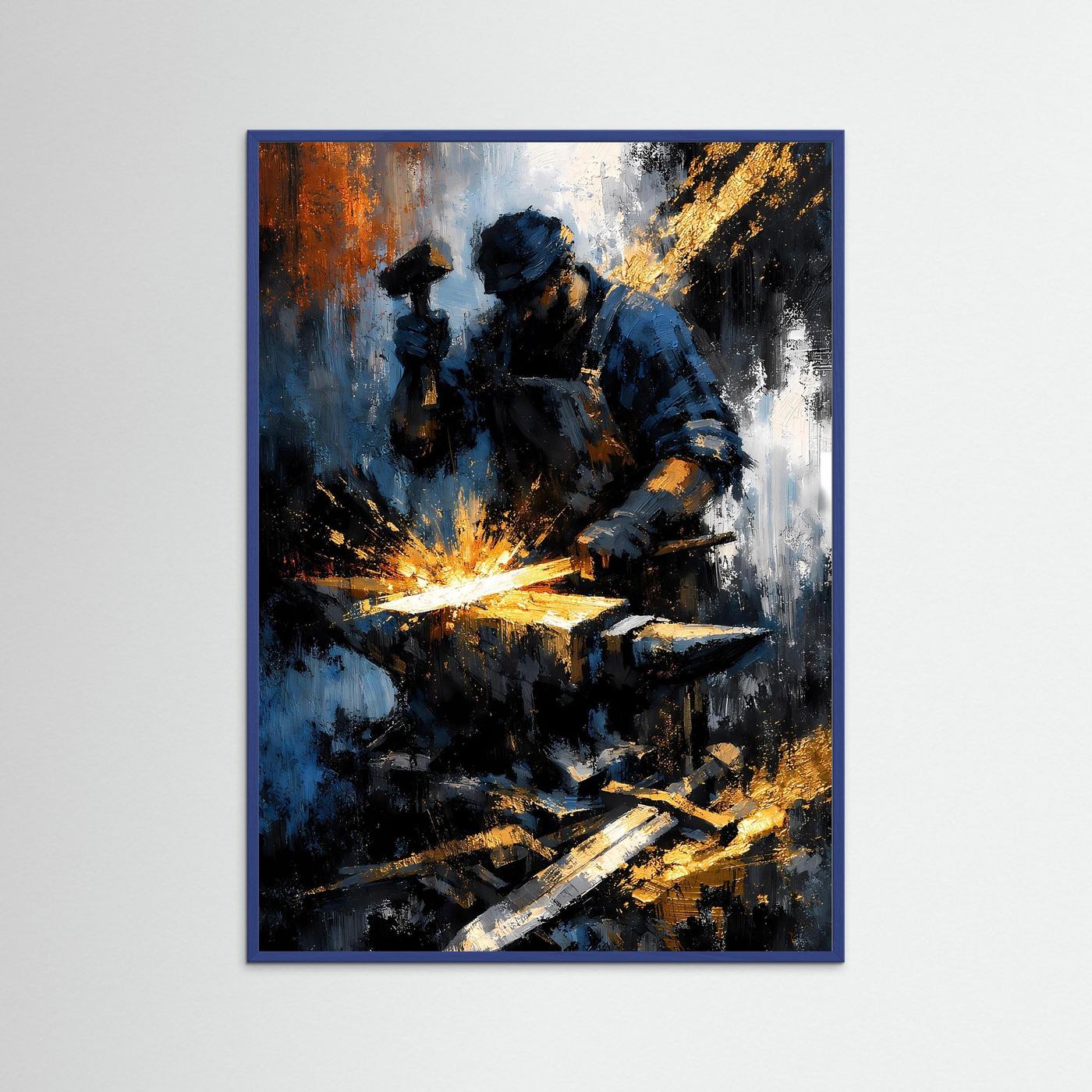 Gerahmtes Hochformat-Kunstposter mit blauem Rahmen: Schmied am Amboss, blau-gold, dunkel
