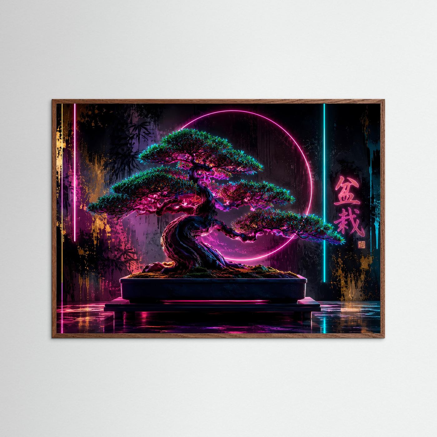 Neon Bonsai Poster | Japanische Zen Kunst | Cyber Bonsai Baum | Futuristische Wandkunst | Fine Art Print