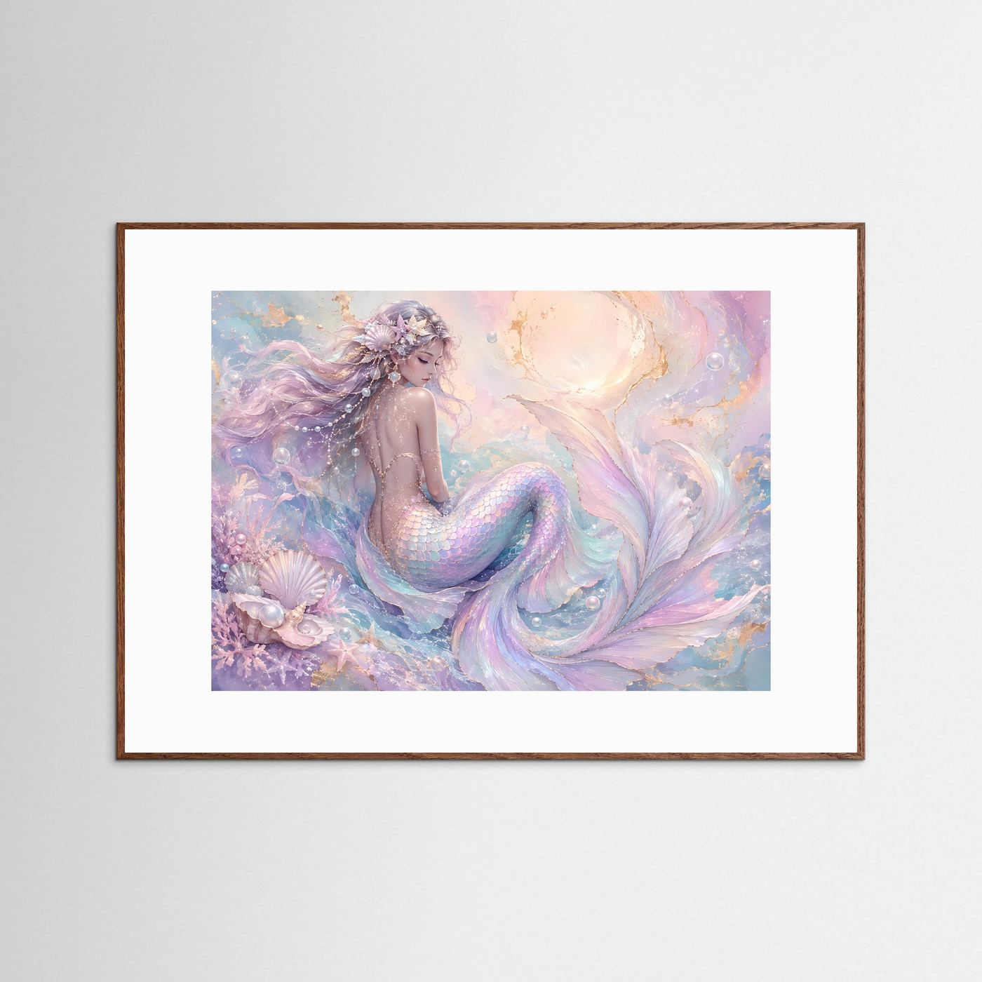 Meerjungfrau Poster Querformat | Pastell Fantasy Meerjungfrau Wandbild | Elegante Ozean Kunst