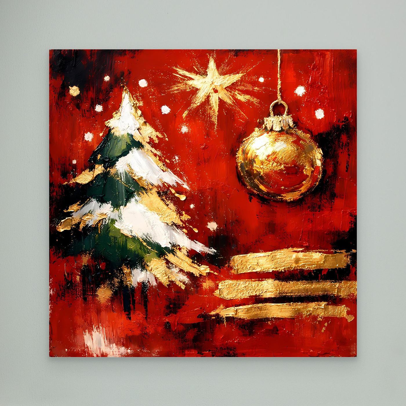 Weihnachts-Wandbild, rote Abstraktion: goldene Kugel, goldener Baum und Stern