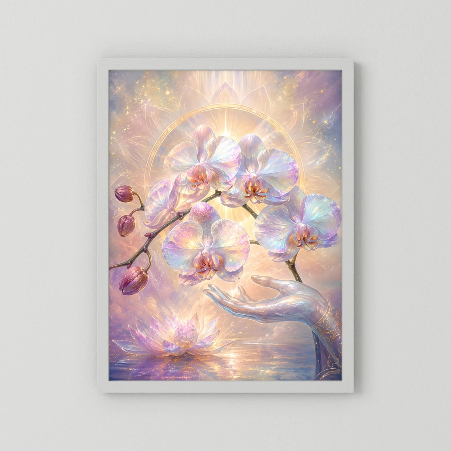 Hochformatiges Kunstposter mit Orchideen- und Lotusmotiv, Perlmutt-Pastell, silbergrauer Rahmen