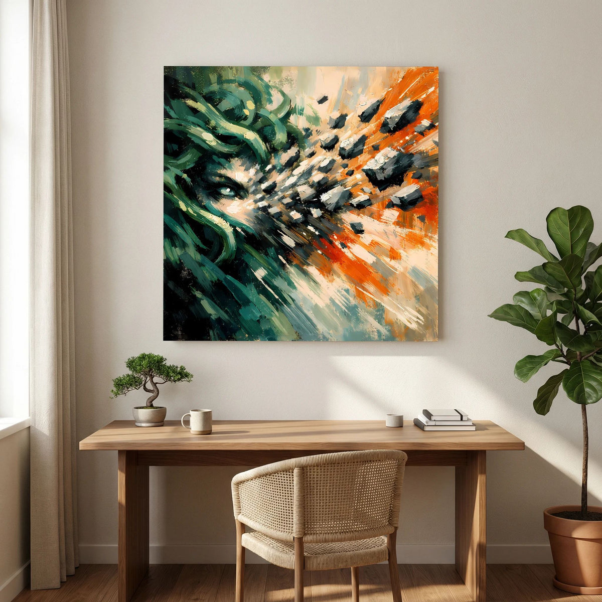 Abstraktes Leinwandbild mit Medusa-Motiv, grün-orangefarbenes Farbspiel über Holzkonsole