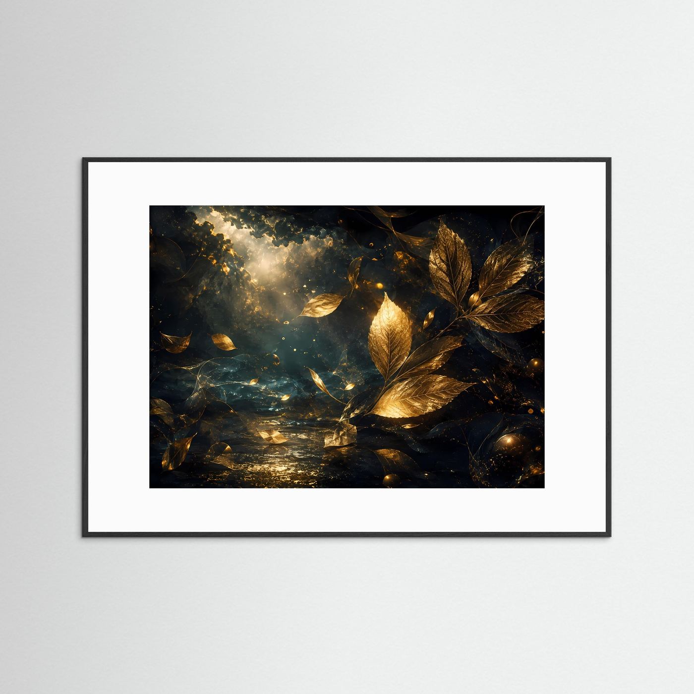 Wandkunst mit goldenen Blättern und Licht, schwarzer Rahmen mit weißem Passepartout