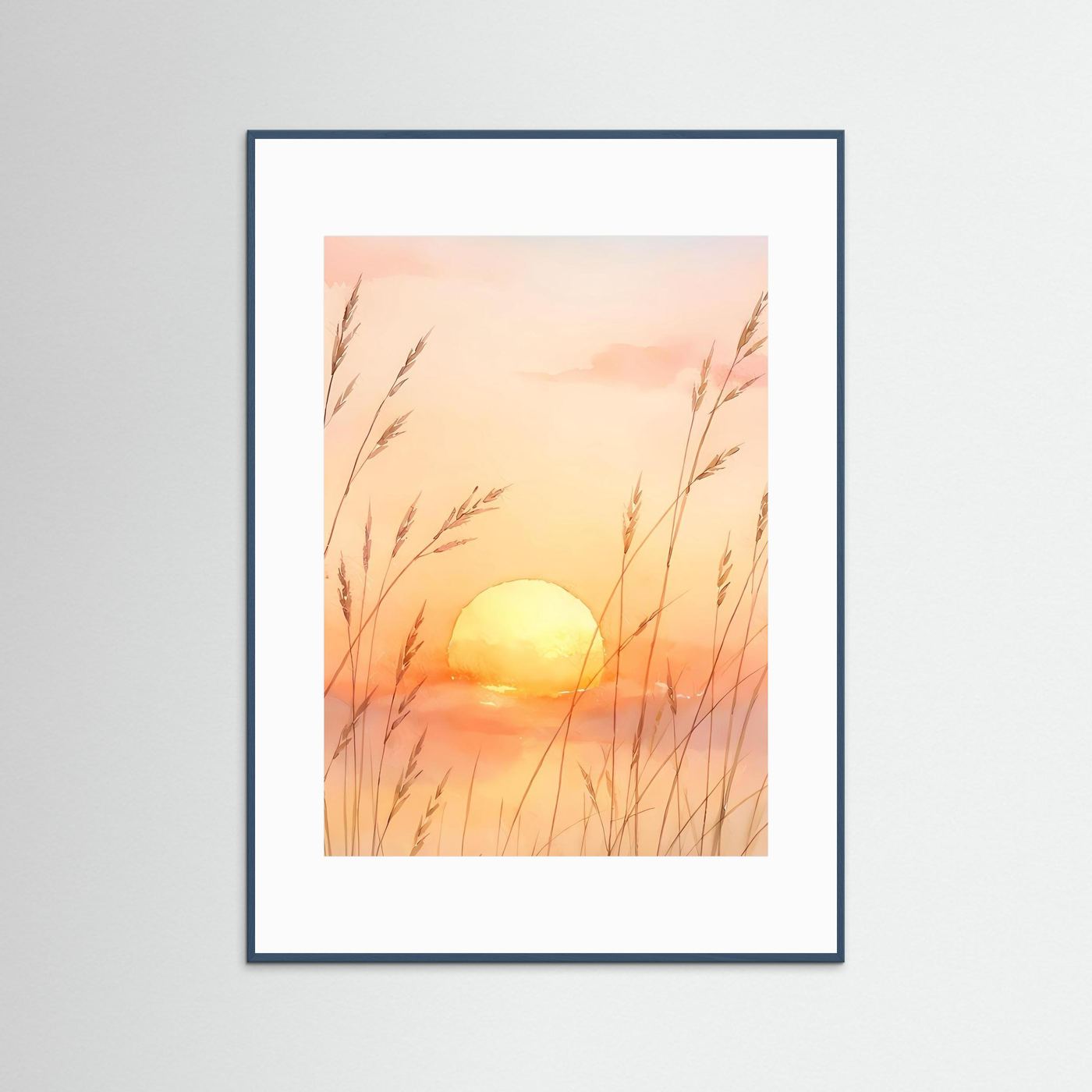 Wandbild im blauem Rahmen mit weißem Rand und Aquarell-Sonnenmotiv im Gras