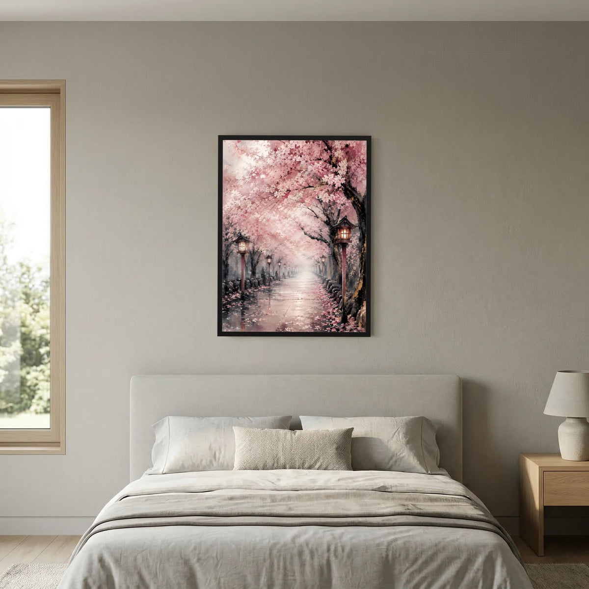 Vertikales Poster mit rosa Kirschblüten und Laternen am Weg, schwarzer Bilderrahmen.