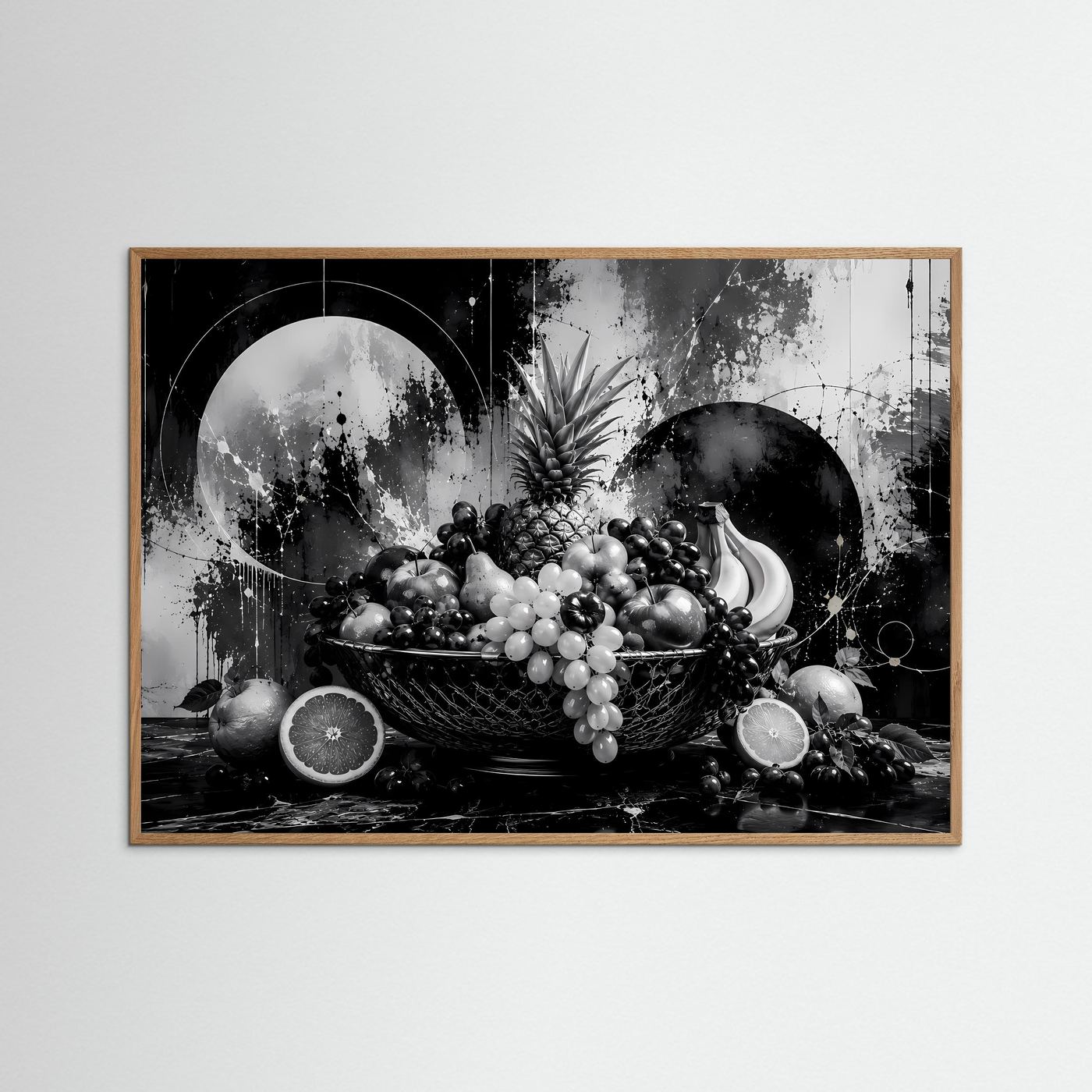 Abstrakte Obstschale in Schwarz-Weiß | Modernes Stillleben Poster Querformat