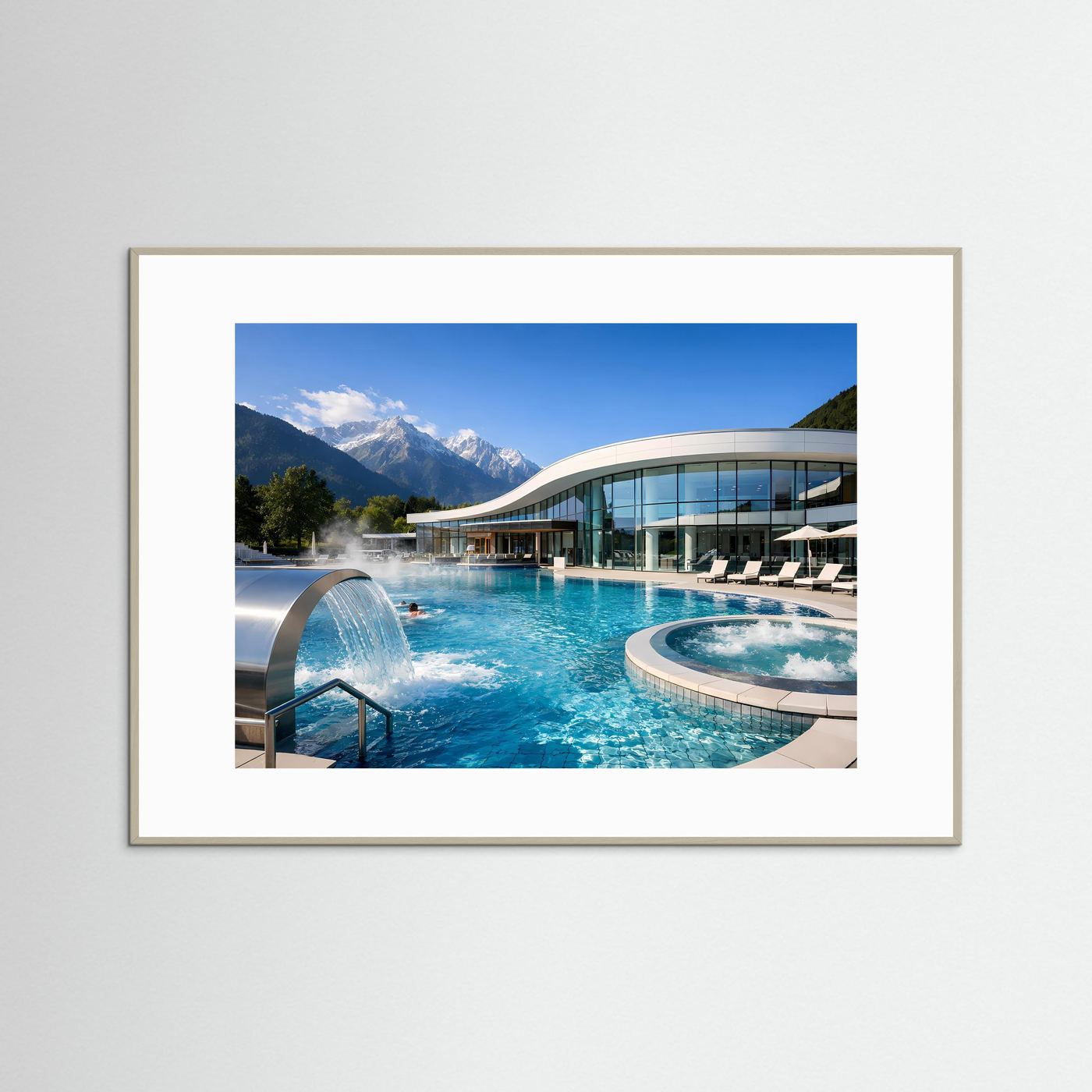 Poster im Querformat mit blauem Poolwasser, Wassersäule und Glasgebäude