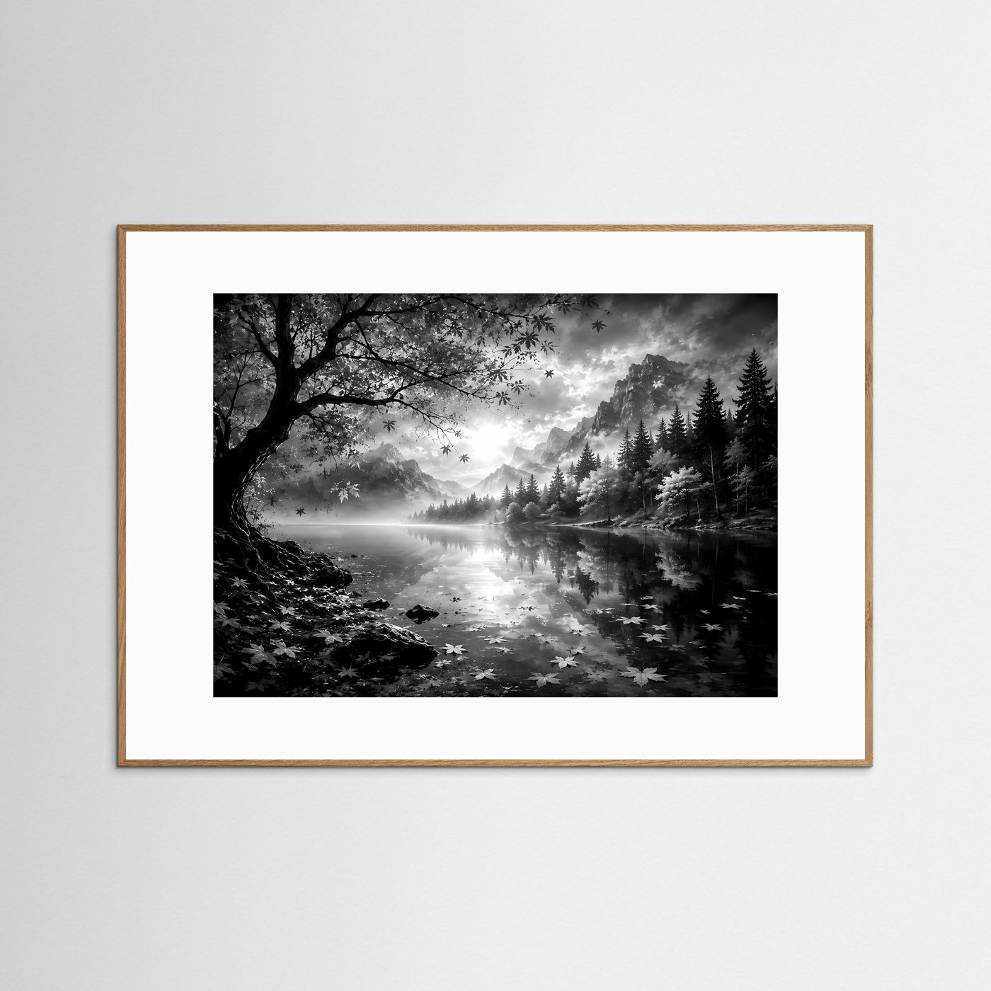 Schwarz Weiß Landschaft Poster | Bergsee Wandbild | Nebel Berge Natur | Monochrome Wandkunst | Moderner Fine Art Print