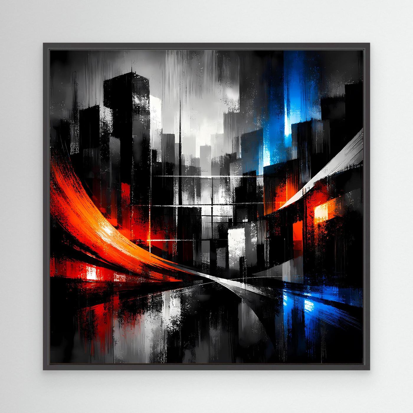 Abstraktes Skyline-Wandbild mit schwarzem Rahmen, rote und blaue Lichtspuren, kontrastreiche Silhouette