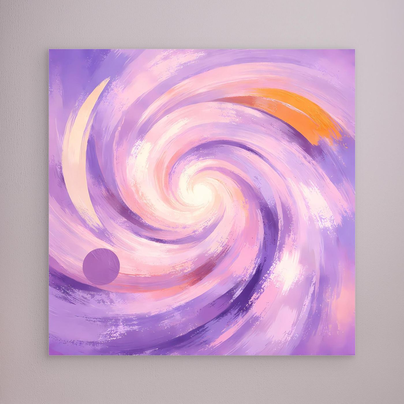Leinwandbild mit abstraktem Pastell-Wirbel in Flieder und Rosa, silbrige Pinselstruktur