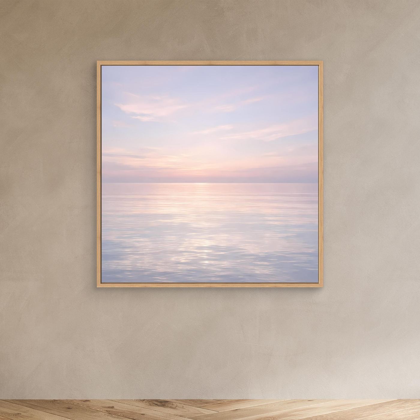 Quadratisches Leinwandbild Meer bei Sonnenuntergang, Eichenrahmen, Pastelltöne