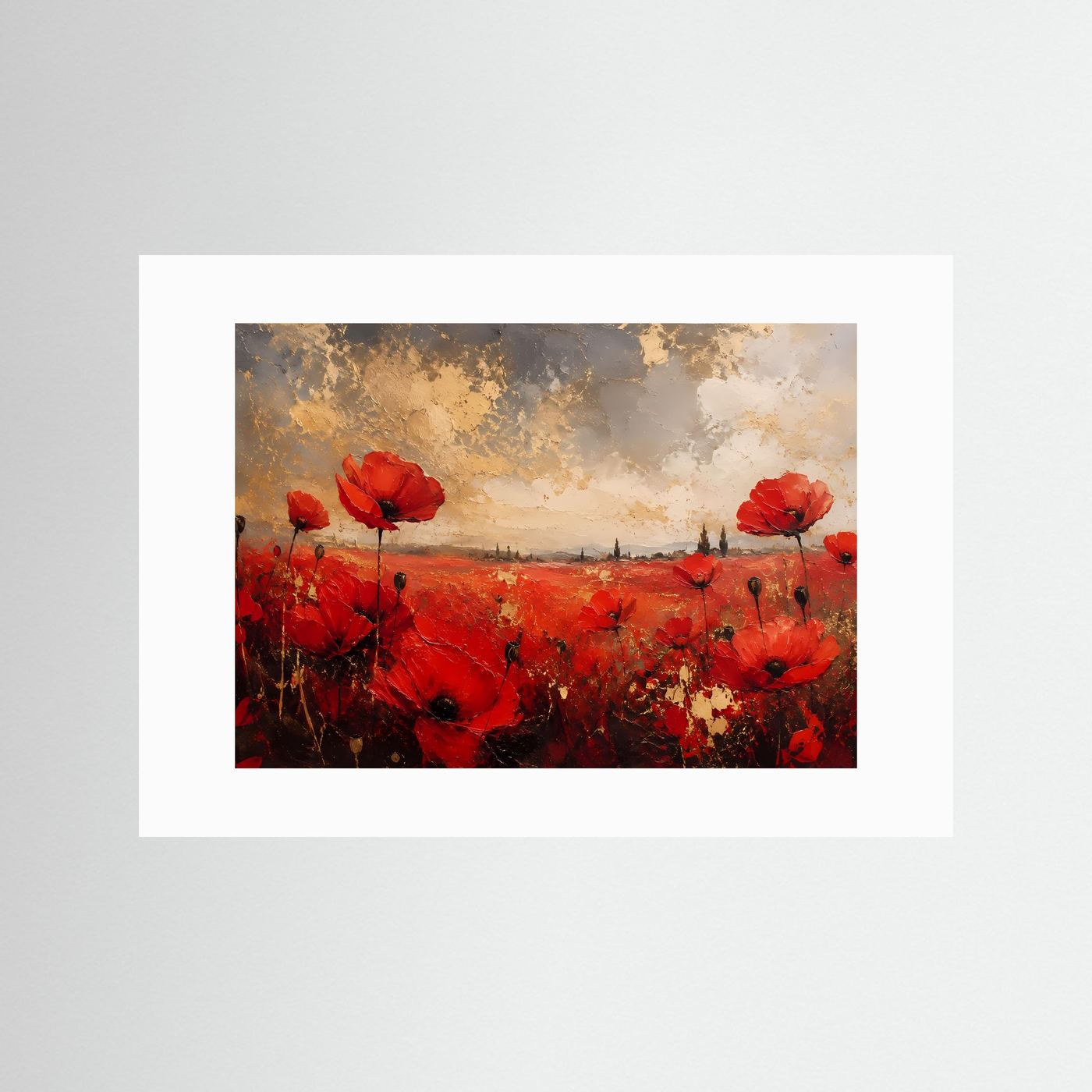 Mohnblumenfeld in Ölfarben | Abstraktes Sommer-Poster in Rot & Gold | Modernes Wandbild Querformat