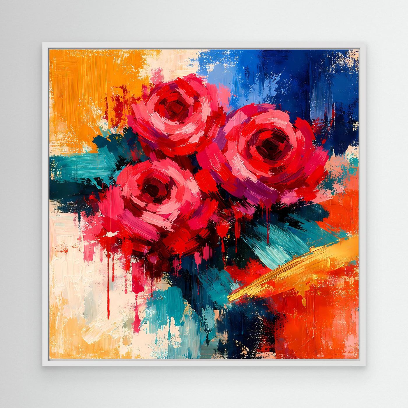 Abstraktes Leinwand-Wandbild mit roten Rosen, Pinselstriche, mit weißem Rahmen