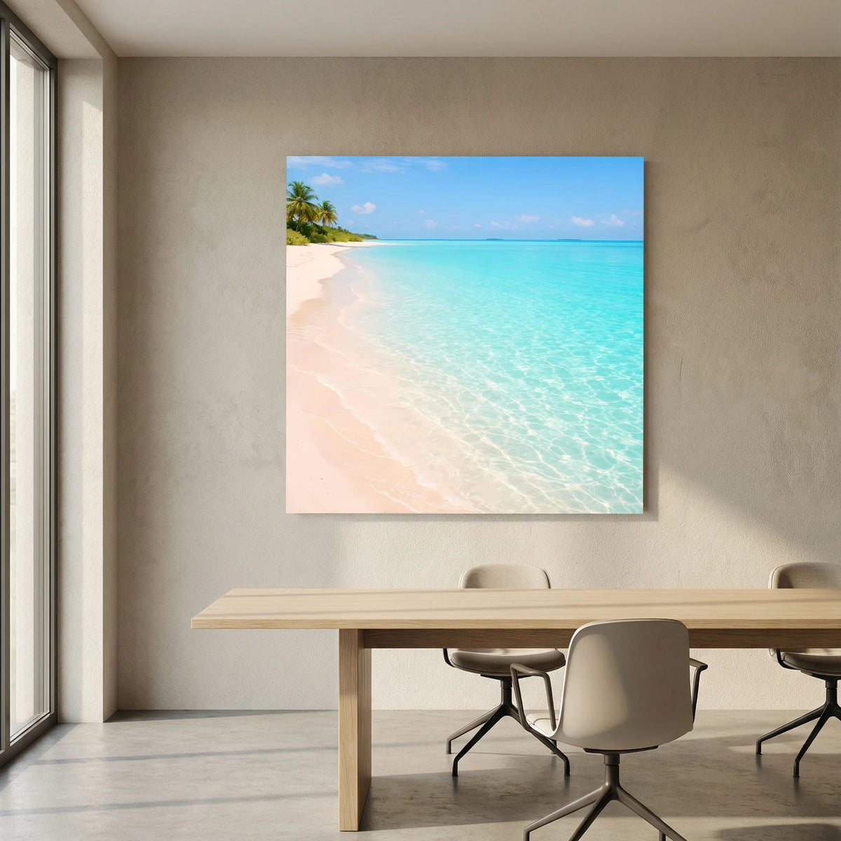 Leinwandbild Meer & Sand: türkisblaues Wasser, helle Sandlinie und Palmen links oben