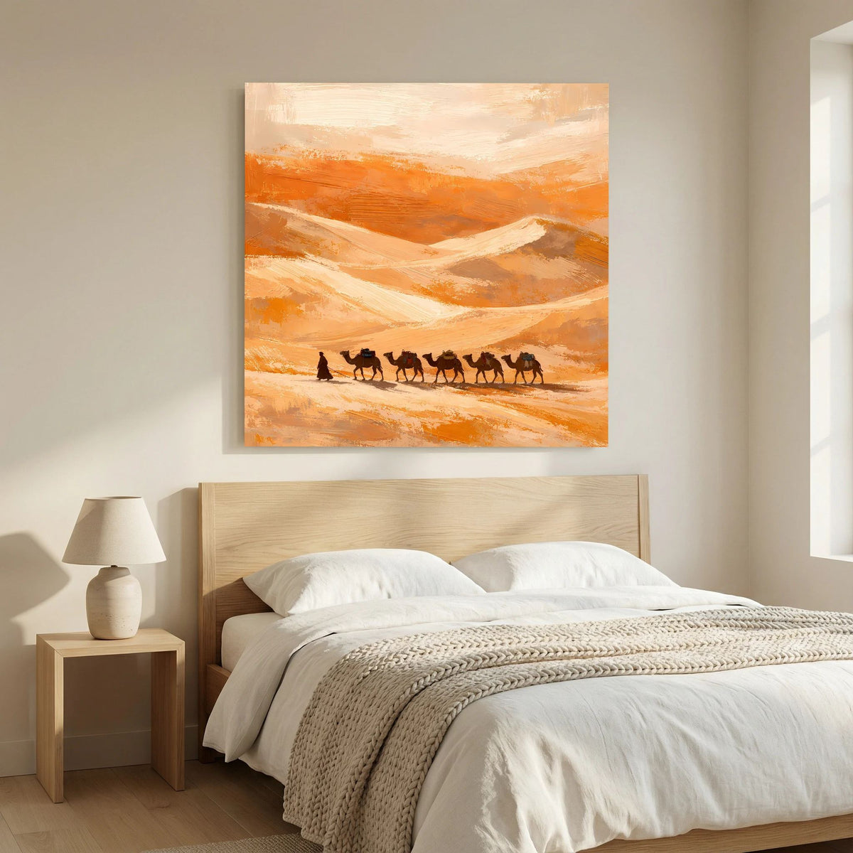 Leinwand-Wandbild mit hellem Holzrahmen: orange Farbverläufe über Dünen, Karawane in Dunkelbraun