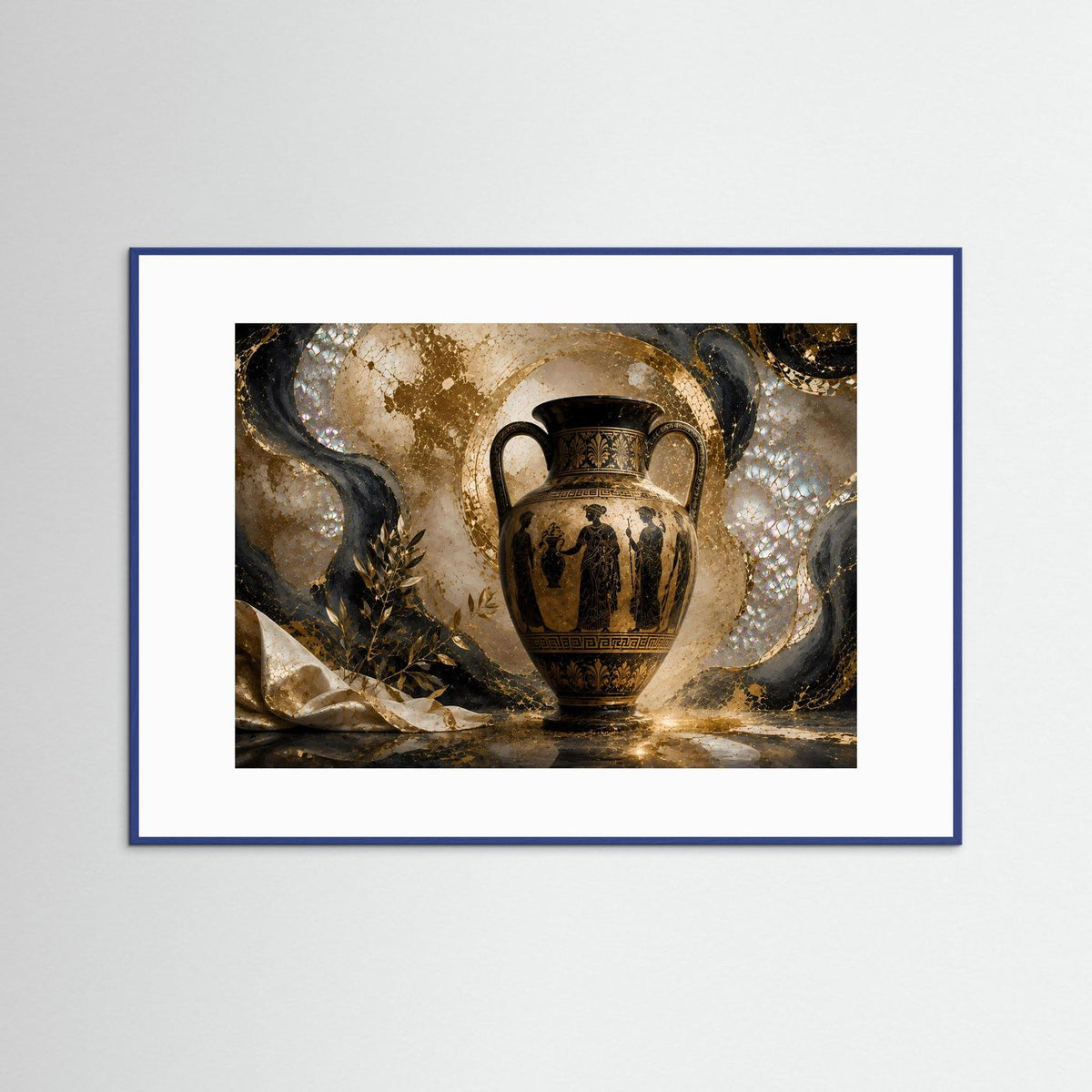 Gerahmter Wanddruck mit antiker gold-schwarzer Amphore im Kunststil, mit blauem Rahmen
