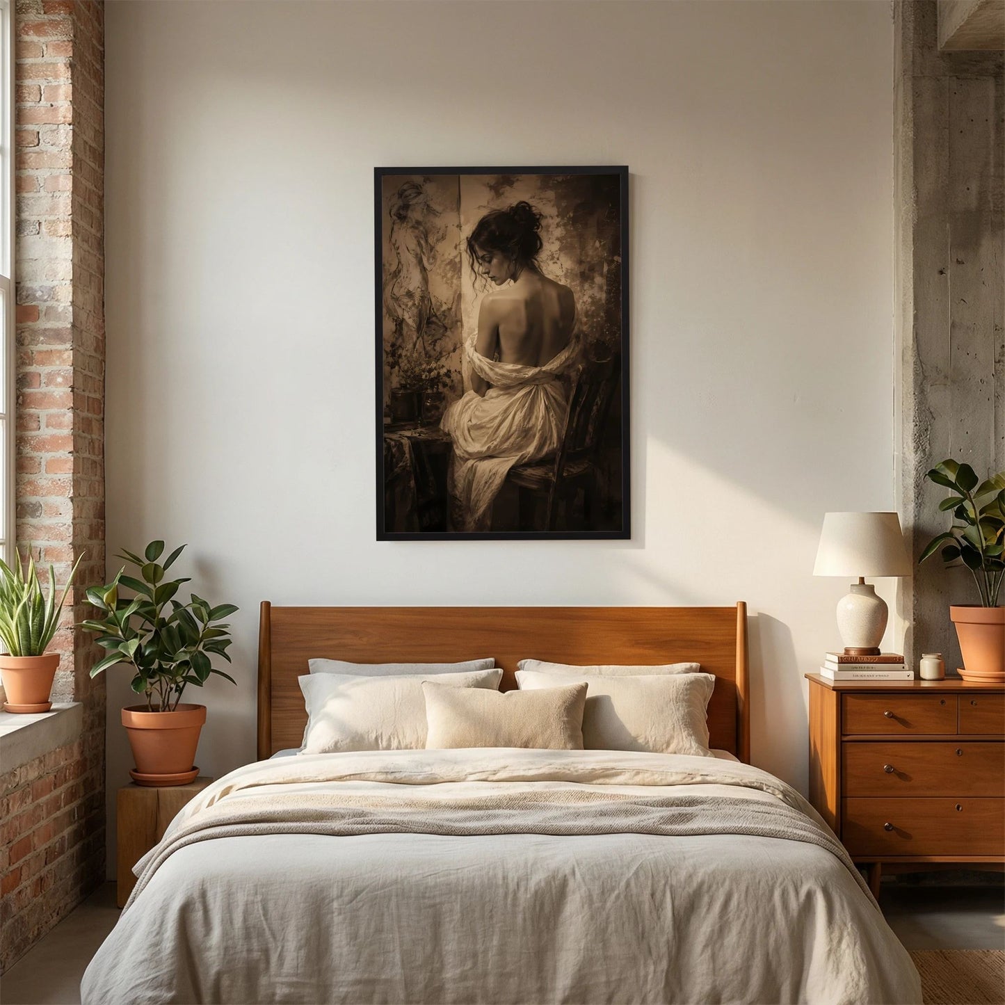 Kunstposter mit Sepia-Porträt einer Frau im Kleid, schwarzer Rahmen