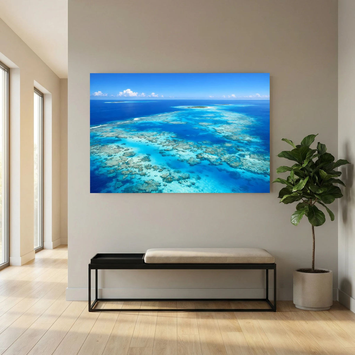 Poster mit Korallenriff im Meer, Vogelperspektive, blaues Querformat, mittig