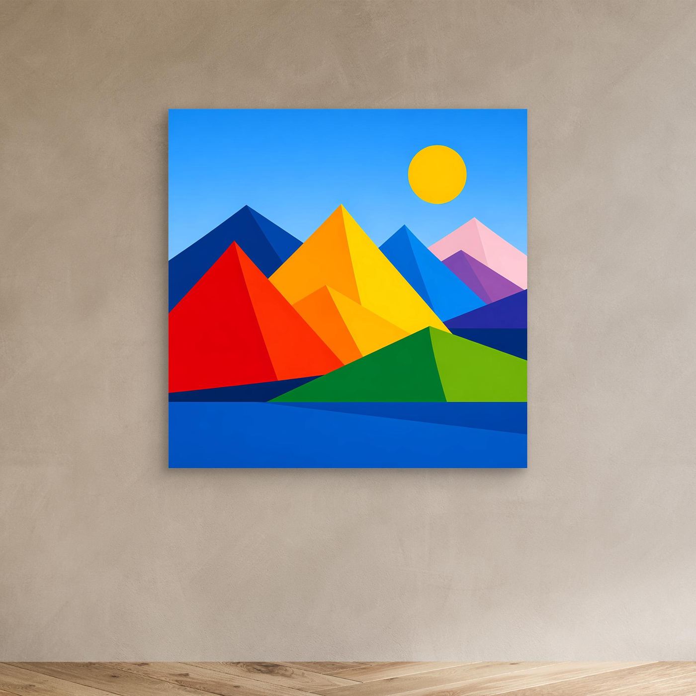 Leinwandbild mit geometrischer Berglandschaft, bunte Berge, gelbe Sonne; kleines Format