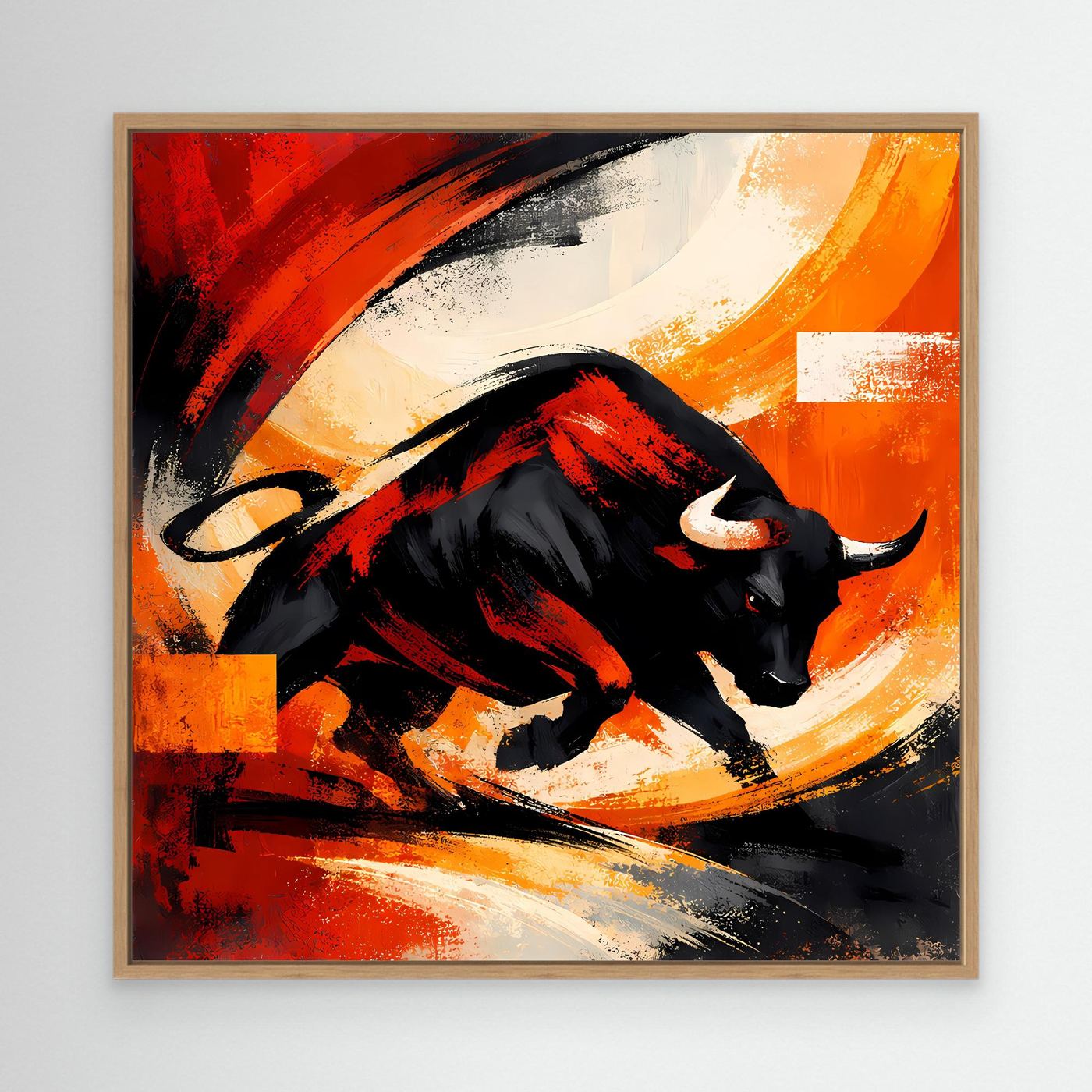 Abstraktes Leinwandbild mit Stier im Warmton, schwarzer Körper, rote/orange Pinselstriche, Eichenrahmen