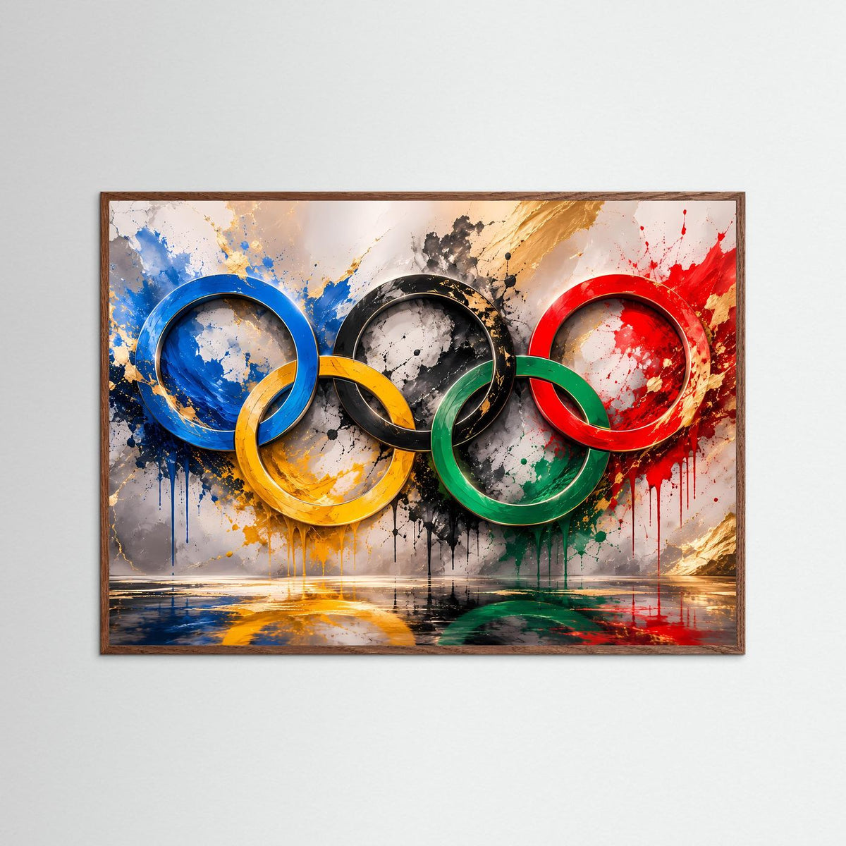 Gerahmtes Querformat-Poster: olympische Ringe in Blau-, Gelb-, Grün- und Rottönen mit Sprenkeln