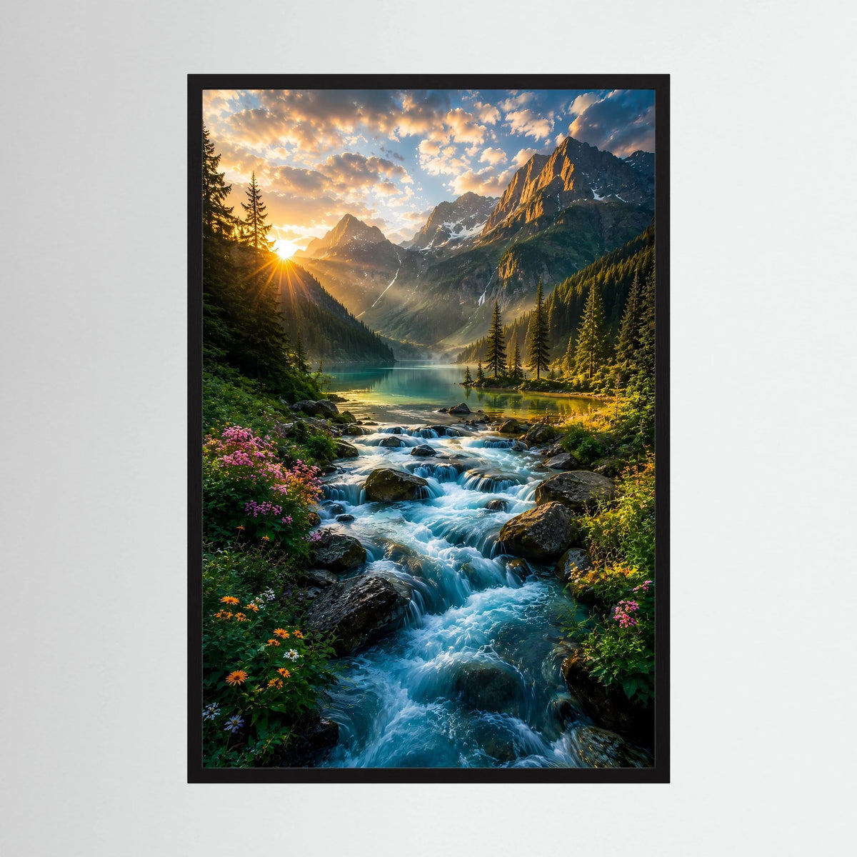 Hochformat-Poster im schwarzen Rahmen mit blauem Gebirgsbach, Bergen und Sonnenaufgang