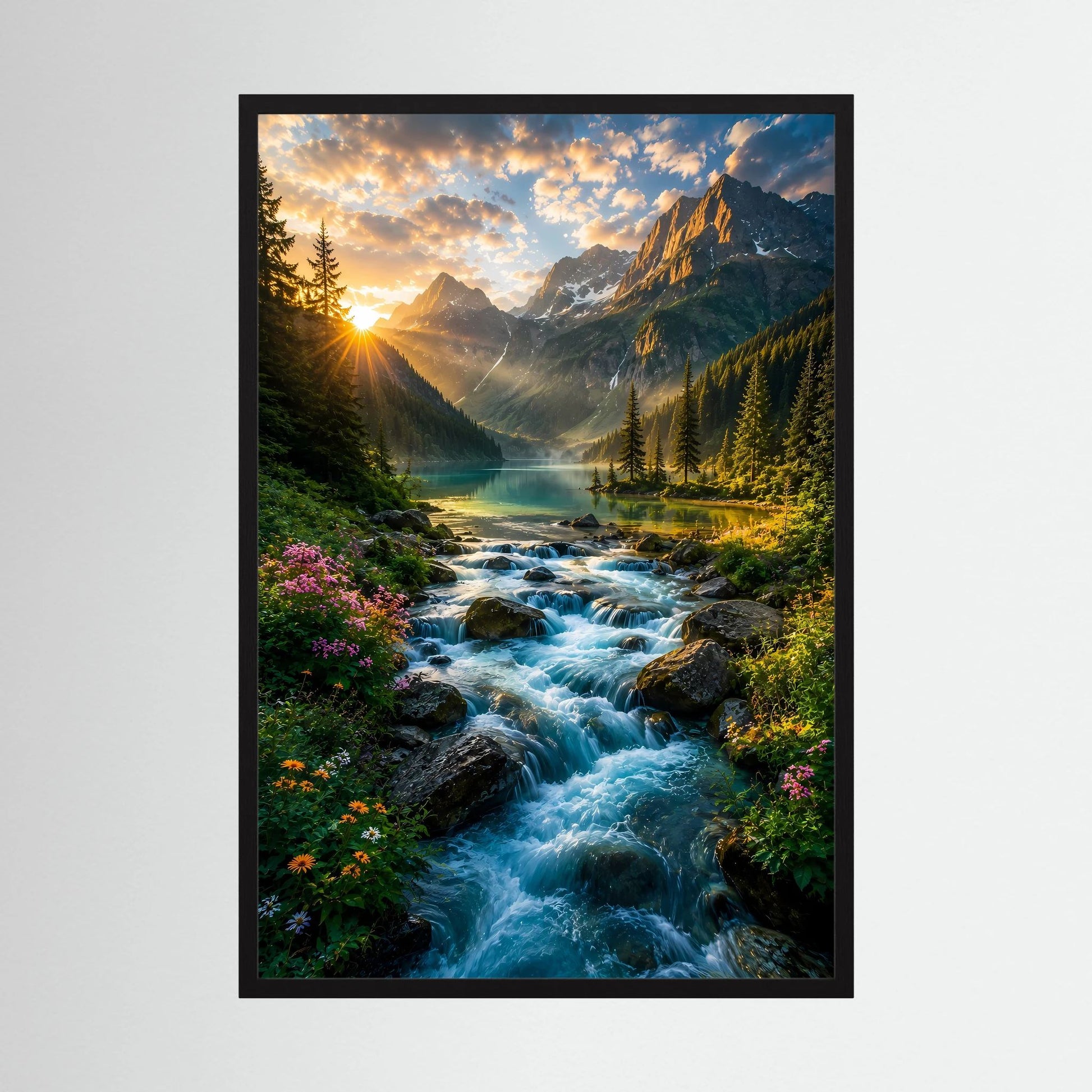 Hochformat-Poster im schwarzen Rahmen mit blauem Gebirgsbach, Bergen und Sonnenaufgang