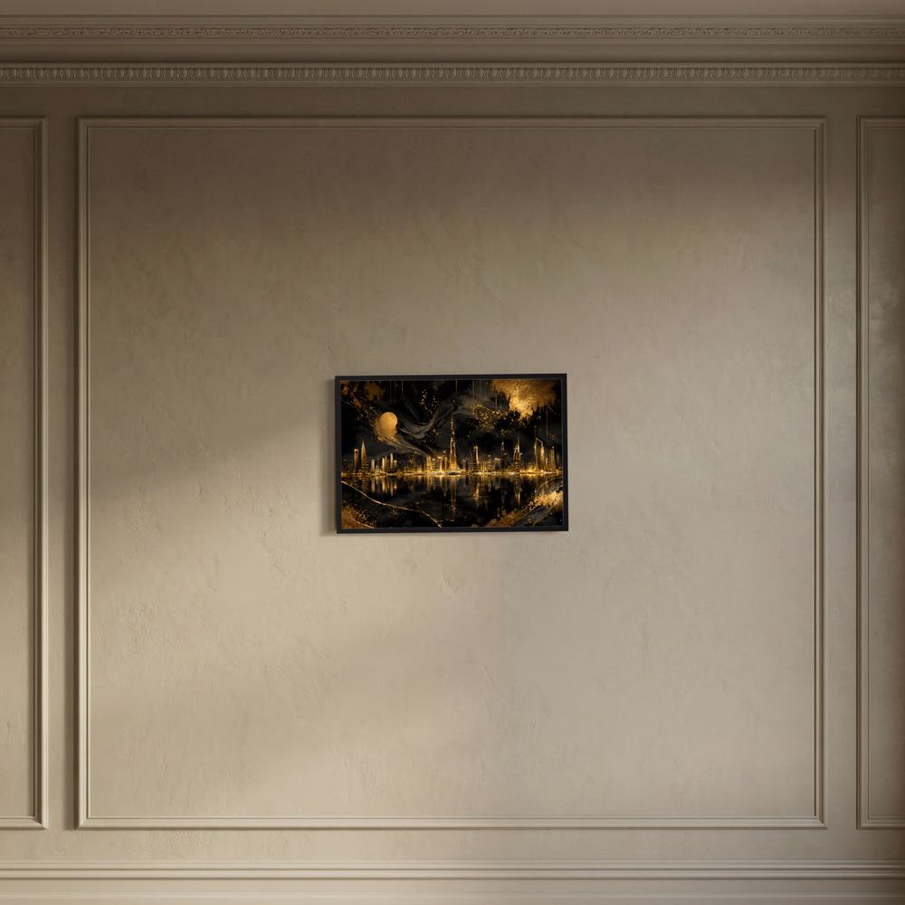 Gerahmtes Poster „Goldene Metropole“ mit abstrakter Skyline bei Nacht, Schwarz und Gold
