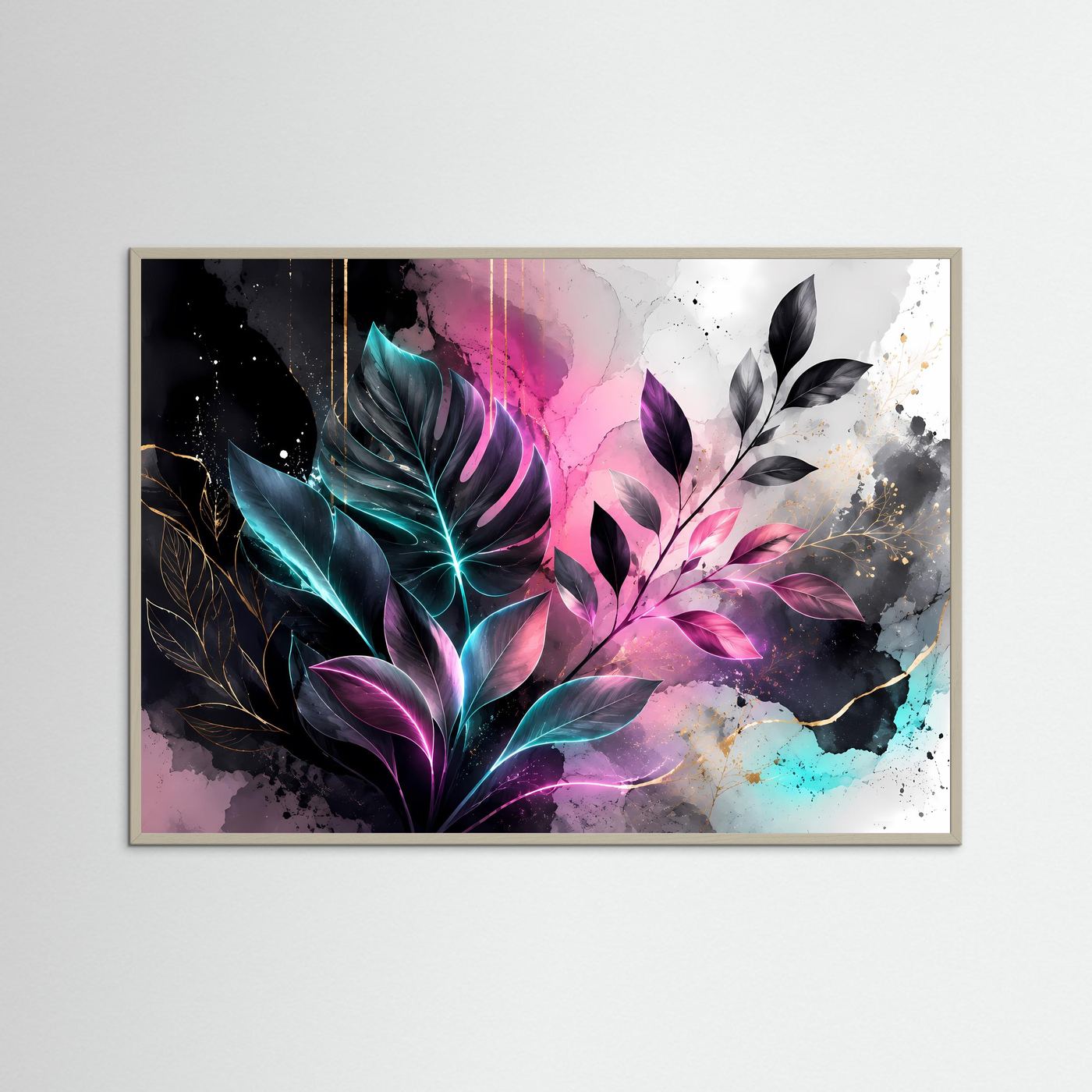 Botanische Neon Wandkunst | Monstera Blätter Poster | Abstrakte Pflanzen Kunst | Modernes Leinwandbild | Schwarz Pink Türkis Wall Art