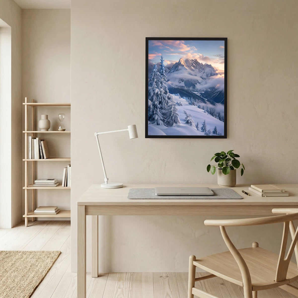Gerahmtes Hochformat-Poster: verschneite Berge und verschneite Fichten im Dämmerlicht