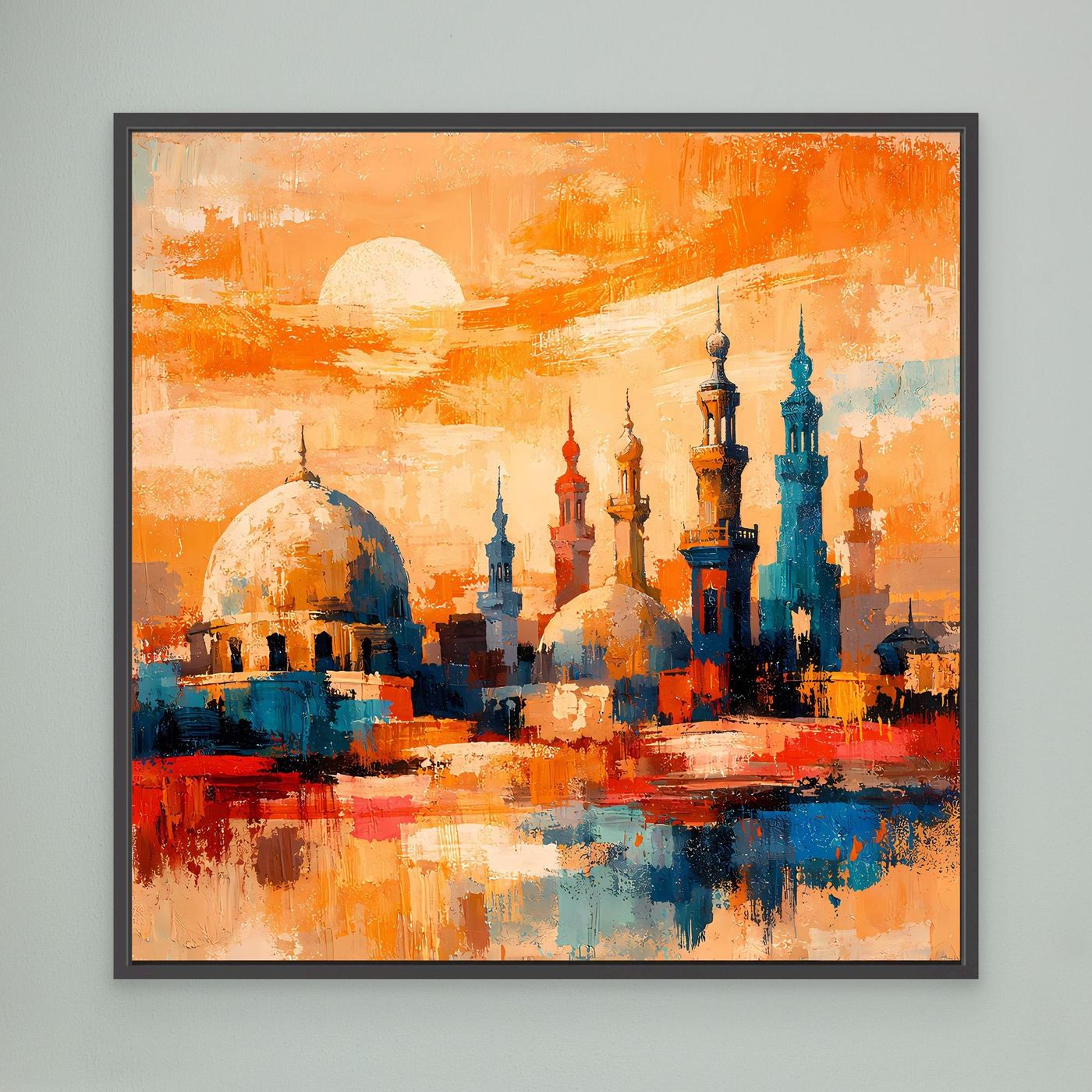 Leinwandbild mit abstrakter Skyline und Minaretten im Sonnenuntergang, schwarz gerahmt