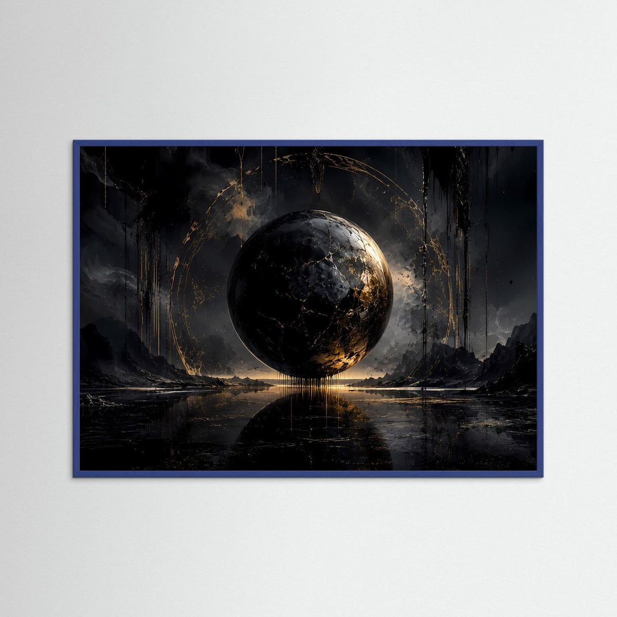 Modernes Wandbild mit schwarzer Gold-Sphäre und dunkler Landschaft, Querformat, blauer Rahmen