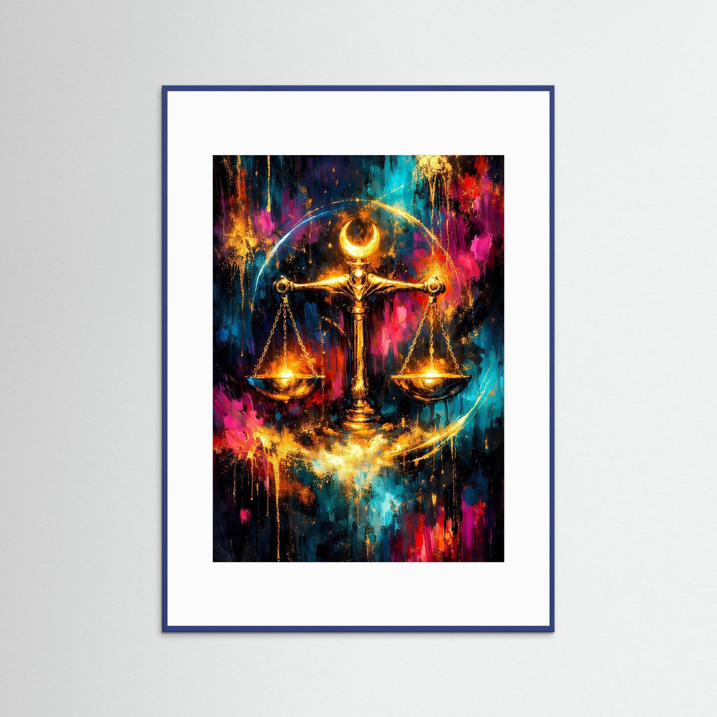 Waage-Poster im Neonsternzeichen mit goldener Waage, abstrakt, blauer Rahmen