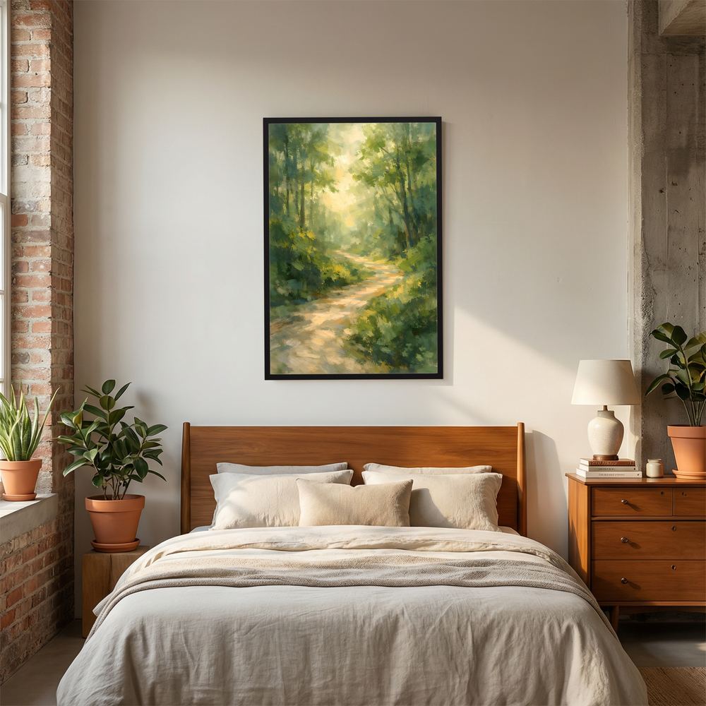 Wandposter Waldweg mit Sonnenlicht, schwarzer Rahmen, hochformatig über Bett