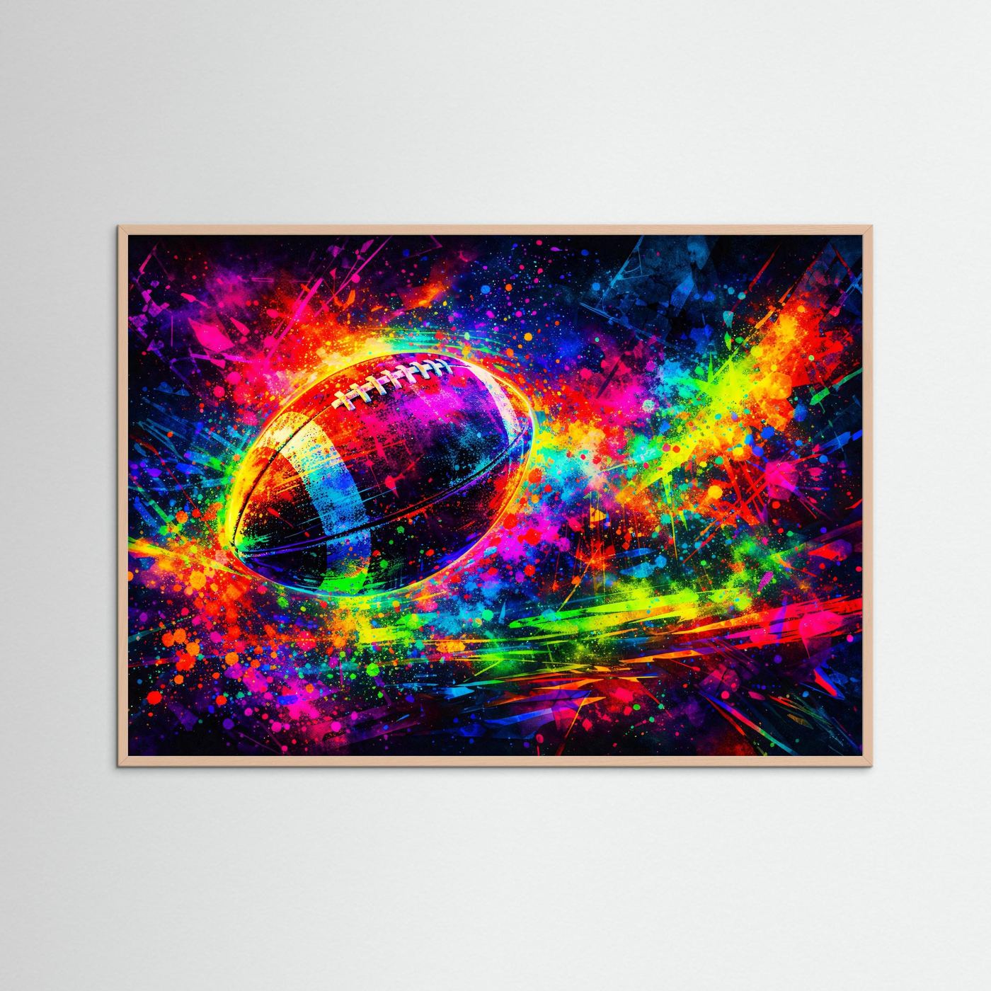 Neon-Sportposter mit Fußballgrafik und Spritzfarben, im Holzrahmen