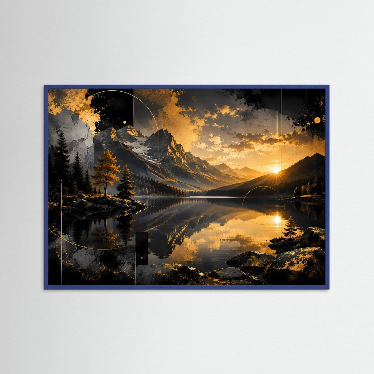 Bergsee-Querformatposter im blauem Rahmen, goldene Abendsonne mit Berg- und Waldsilhouetten