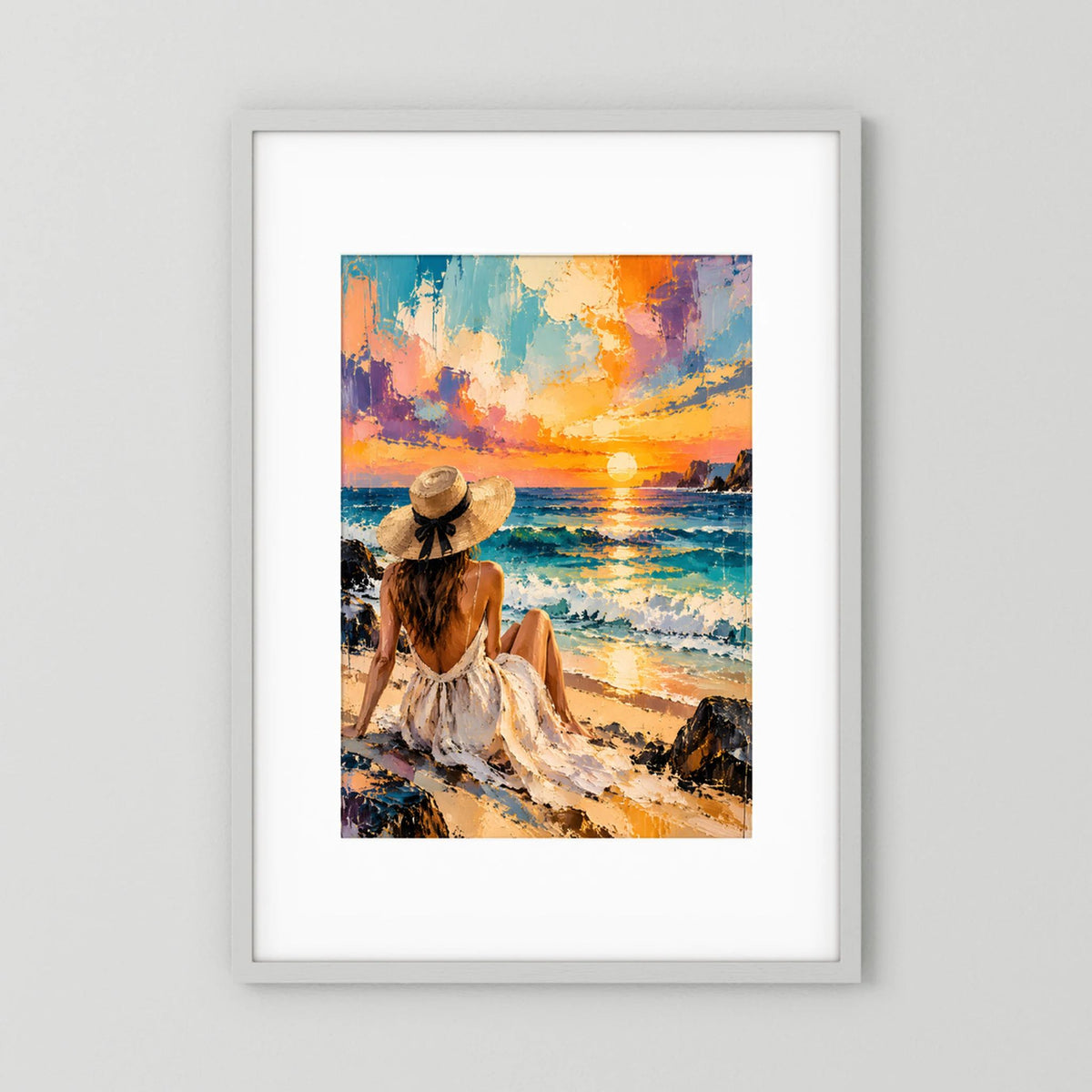 Hochformat-Poster im weißen Rahmen mit abstrakter Strand-Szene, Frau im Sonnenuntergang