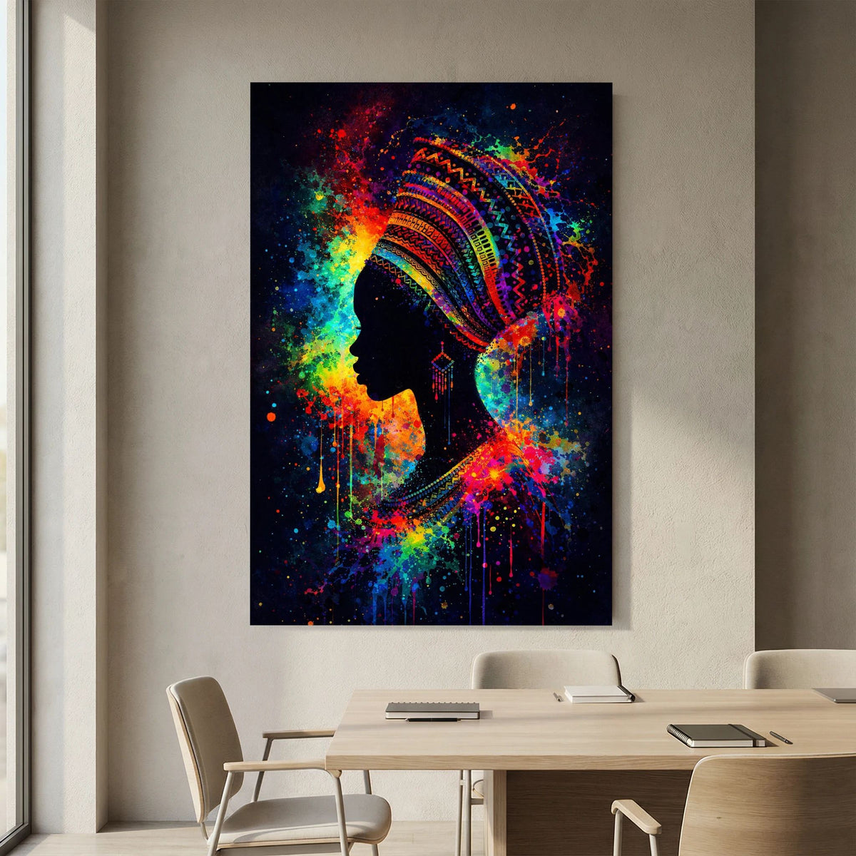 Hochformatiges Poster mit afrikanischer Frauensilhouette, ornamentaler Kopfbedeckung, Neon-Spektrum