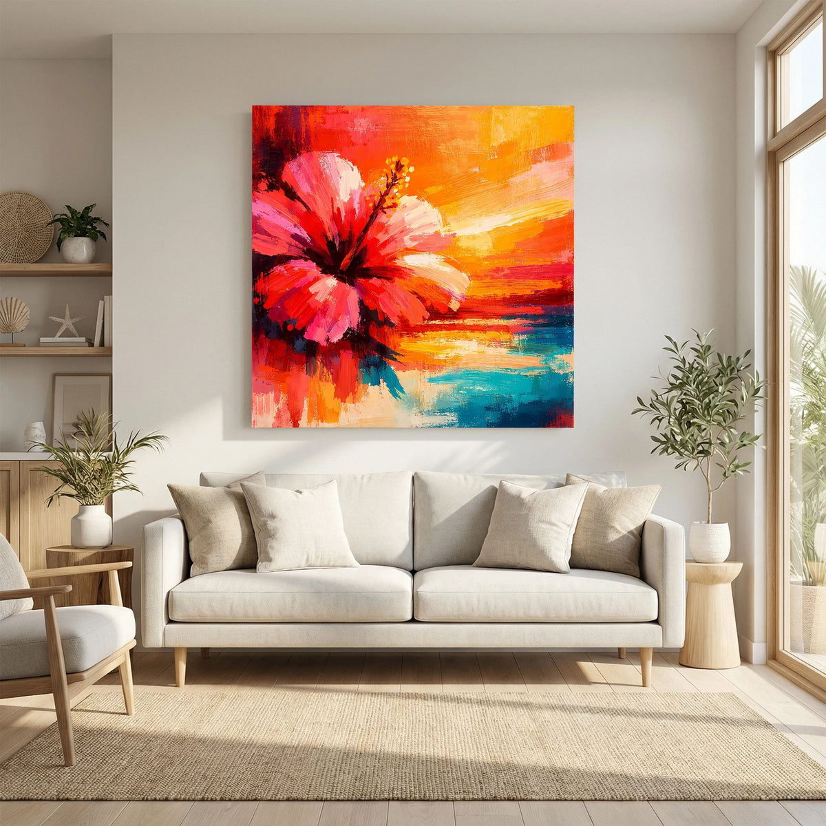 Hibiskusblüten-Abstraktbild auf Leinwand über Sofa, rote Blüte, orangefarbener Sonnenhimmel