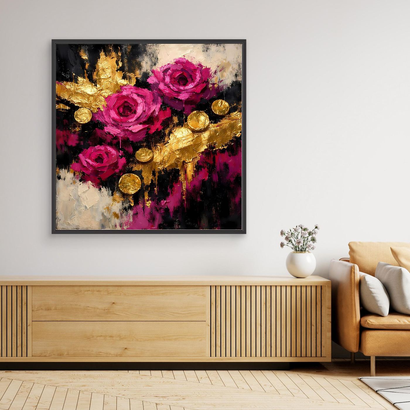 Leinwand Elegante Rosen in Magenta | Abstraktes Blumen Wandbild Gold
