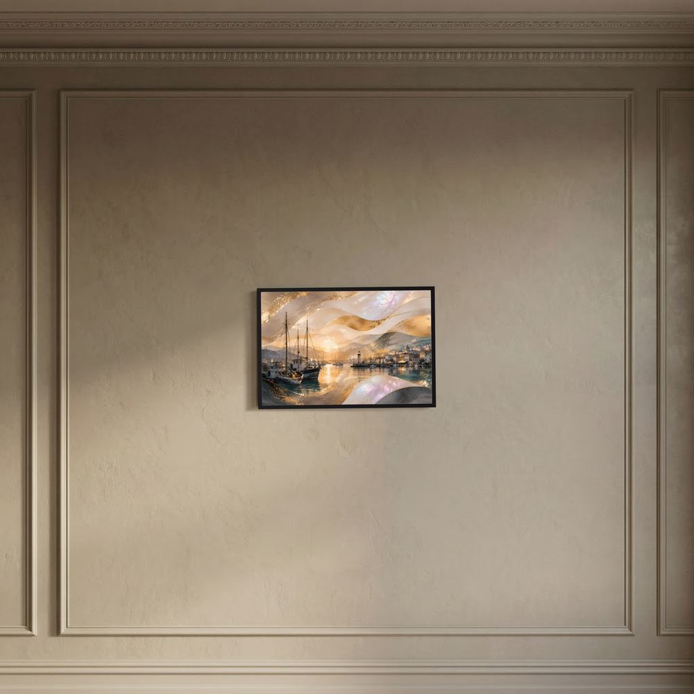 Kleines Querformat-Poster an der Wand mit Hafen, Segelbooten und Leuchtturm bei Sonnenuntergang